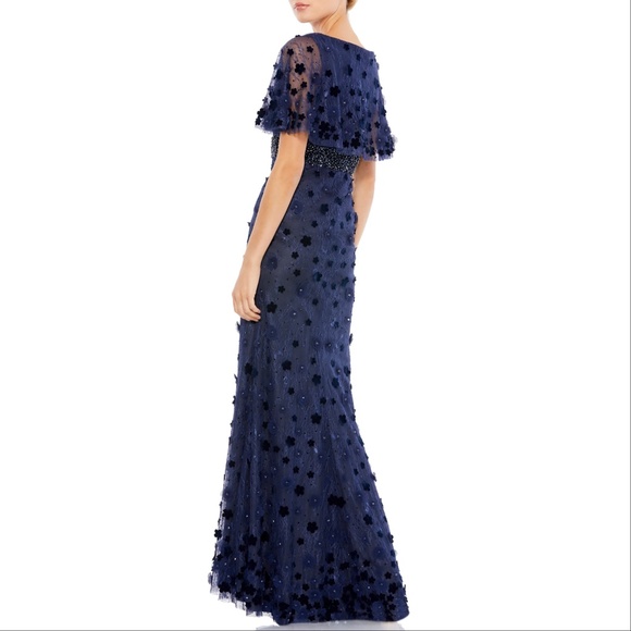 Mac Duggal 67712 Floral Applique Flutter Sleeve Beaded Waist Gown - Picture 3 of 12